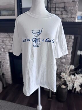 NEW Women’s Large White Graphic Tee with Blue Martini Design